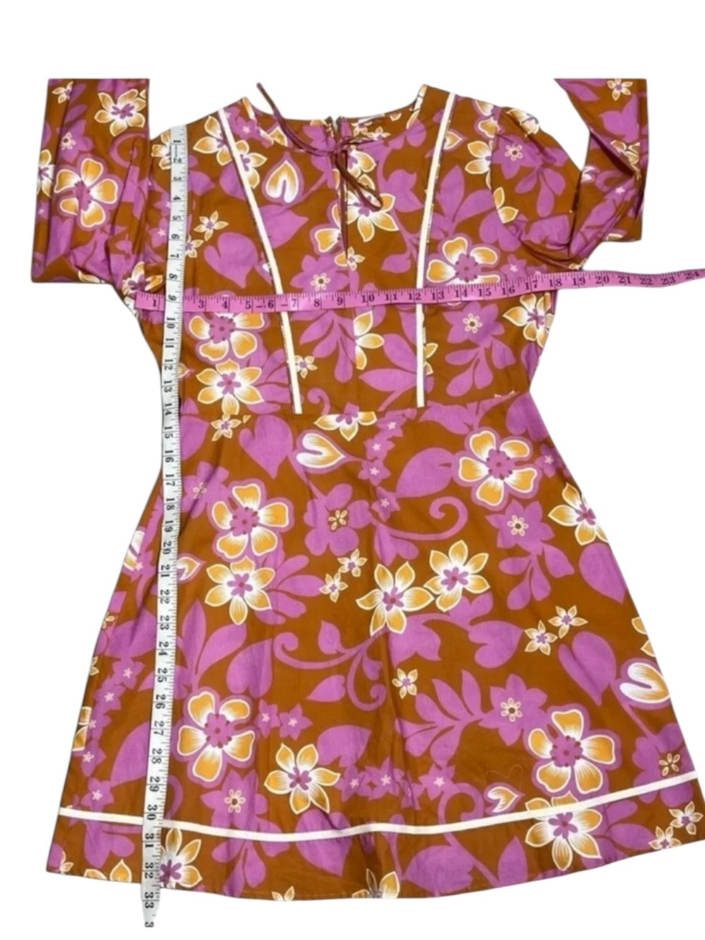 WARM Chelsea Floral Mini Dress Clay Pink Retro 60s Mod Puff Sleeve Medium M - Picture 5 of 8